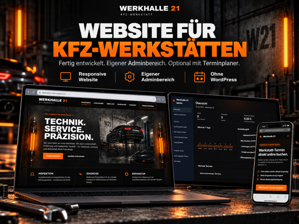 Fertige KFZ Werkstatt Website Werkhalle 21 auf Laptop, Admin-Monitor und Smartphone mit Online-Terminbuchung