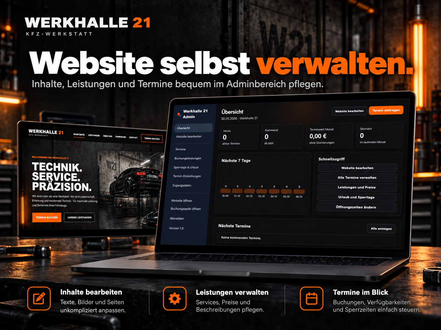Website selbst pflegen über den eigenen Adminbereich der KFZ Werkstatt Website